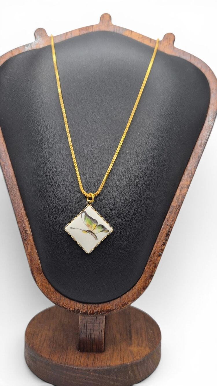 Vintage Hand Painted Porcelain Butterfly Pendant Necklace
